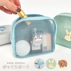 メッシュ ポーチ 小物入れ メイクポーチ かわいい レディース 化粧ポーチ 中学生 自立 コスメ レアアニマル マヌルネコ ハシビロコウ ウォンバット フェネック ゆるい おしゃれ 猫 鳥 刺繍 ファスナー マチあり コ