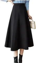 Lilly chocolate リリー ショコラ aラインスカート オフィス レディース 秋冬 フレアー ミモレ丈 ミディ ハイウエストスカート 通勤 事務 きれいめ(ブラック,  M)