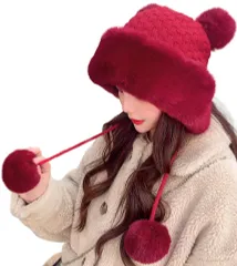 [ブブ オーハナ] ニット帽 ダブルワッチキャップ ビーニー ポンポン付き 防寒 暖かい フリーサイズ レディース 帽子 (ワイン レッド) [ワインレッド]