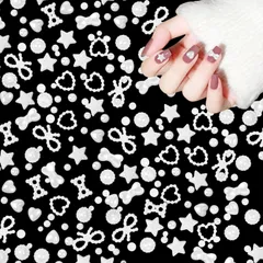 【速発送】ネイルパーツ ハート リボン 約500個 3 立体 ぷっくり 星 ハート型 ネイルパール 白 大きめ ネイルート デコパーツ ジュエリーパーツ  ホワイト