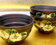焼締め灰かぶり銀彩椿小茶碗(小鉢)三客揃い