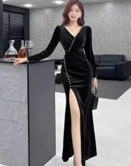 キャバドレス ベルベット Vネック タイト スリット パーティー/ナイトクラブ/ラウンジ 高級感 華やか 体型カバー 裏地付き お呼ばれ/パーティー/結婚式/二次会/成人式/演奏会 S～XL 光沢感 ドレスコード対応 裏地 サイズ展開S～XL