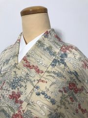 中古】 名古屋帯 正絹 白地に枝花模様 ヒゲ紬 髭紬 九寸 お太鼓柄