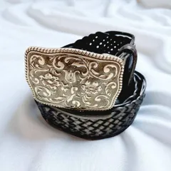 ヴィンテージ調 シルバーバックル 編み込みレザーベルト 黒