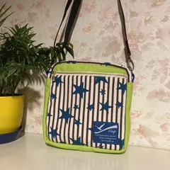 スクエアバッグ　帆布ミントグリーン×青い星とストライプ柄