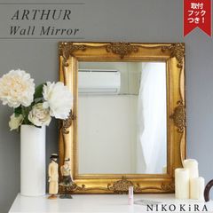 鏡 壁掛け おしゃれ 壁掛けミラー ウォールミラー アンティーク 65cm 55cm フック付き 北欧 北欧風 木 木製 フレーム 鏡台 ミラー 玄関 トイレ 洗面所 メイク鏡 ドレッサー 化粧鏡 シャビー ゴールド 金 ミラー 賃貸 アーサー L
