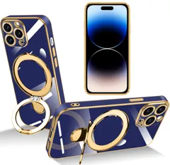 iPhone 14 Pro ケース Magsafe対応 マグネット搭載 スタンド機能 縦横両対応 リング付き ストラップホール付き TPU 耐衝撃 全面保護 落下防止 隠しスタンド ワイヤレス充電対応 アイフォン 14 プロ カバー （ブルー）