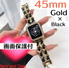 45mm ゴールドブラック　画面保護付き　アップルウォッチ　カバー　キラキラ　ケース　チェーンベルト　バンド　セット　レザー