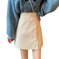 ミニスカート コーデュロイ ハイウエスト タイト スリット レディース カジュアル 台形 スカート 足長効果 シンプル 秋 冬 Aライン 2カラー ミニスカ 春 夏 無地 ゆったり すかーと SKIRT skirt 膝丈 黒 色 ブラック [ベージュ] [M]