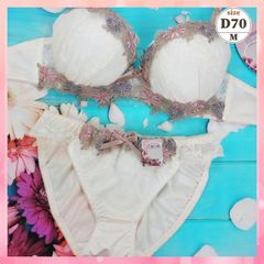 ★D70/M☆美胸ブラ＆ショーツセット 丸胸 ナチュラルバストメイク カラフルフラワー ケミカルレース クリーム