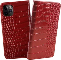 ReZuell クロコダイル x 牛革 iPhone12 Pro Max apple . 手帳型 レザー ケース 12proMax( レッド,  iphone12Pro Max)