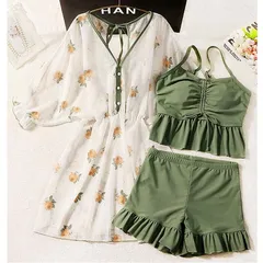 水着 体型カバー 3点セット 洋服みたいな ぽっちゃり 花柄 大きいサイズ レディース セパレート ビキニ フリル タンキニ ハーフパンツ 上下セット 透け感 かわいい セクシー 韓国風 大人 グリーン 2XL ショートパンツ 海 プール df168m4