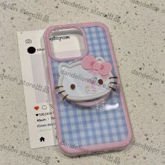 スマホケース　キティーちゃん　ブルー×ピンク　チェック　スマホスタンド付き　iPhone対応　アイフォンケース　iPhone16pro/16promax/15/14/13　可愛いケース　海外限定　新品未使用