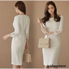 ワンピース きれいめ レディース 春 秋 膝丈 長袖 パーティードレス タイトスカート 白 結婚式ドレス ロングワンピース お呼ばれ 卒業式 レース上品 着痩せ