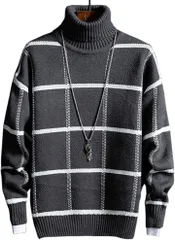 aspersio アスペルシオ タートルネック チェック柄 ニットセーター 長袖 トップス メンズ( ダークグレー,  M)