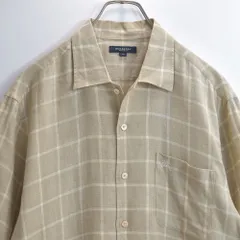 90s〜 日本製 BURBERRY LONDON バーバリーロンドン ウィンドウペン チェック ヴィンテージ 半袖シャツ  麻 リネン ベージュ ロゴ 刺繍 ビンテージ 古着 メンズMサイズ