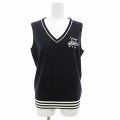 アディダス adidas ニットベスト プルオーバー ゴルフウエア Vネック ロゴ刺繍 ライン L 紺 ネイビー 白 ホワイト /GV