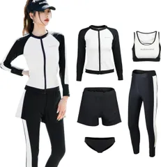 【人気商品】体型カバー レディース フィットネス水着 長袖ラッシュガード セパレート 5点セット 水着 レギンス サーフィンパンツ タンキニ UVカット [Adigaber] 速乾 水陸両用 女性用