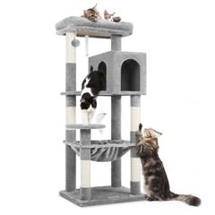 ストレス解消 運動不足解消 猫ベッドカバー取り外し可能 省スペース 中型猫 子猫 登りやすい 頑丈 安定 転倒防止ベルト付き ネコタワー ポンポンおもちゃ 広い展望台 猫の遊び場 猫ハウス 天然サイザル麻の爪とぎポール 多機能 猫用品 ハンモック付き キャット