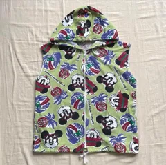 希少　90s　vintage　old disney　ディズニー　ミッキーマウス　トロピカル　全面デザイン　パイル地　総柄フード付ベスト