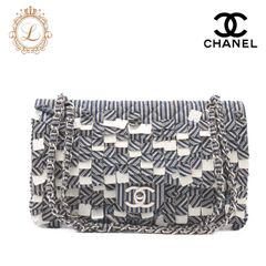 CHANEL シャネル ショルダーバッグ マトラッセ ダブルフラップ ストライプ チェーンショルダー コットン ネイビー×アイボリー シルバー金具　レディースバッグ　ブランド【中古】【送料無料】