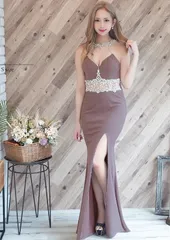 モカ 【Angel R/エンジェルアール】パール/ ビジュー/ シアー/ スリット/ タイト/ ロング/ キャバドレス long [AR22340-W-2207]