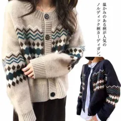 ニット カーディガン クルーネック ボタン ノルディック柄 レディース 長袖 アーガイル柄 羽織り ショート 春 秋 冬 シンプル カジュアル アウター コンパクト 厚手 ネイビー 紺 ベージュ 20#erika1554