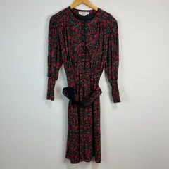 レトロ バラ　ロングワンピース シャツワンピース 総柄 花柄 帯付き レッド 11-13サイズ レディース 古着 イタリア製