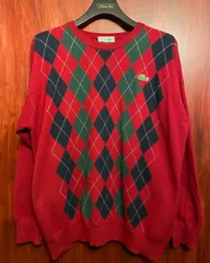 レア品 MADE IN ITALY製 70～80s CHEMISE LACOSTE アーガイル柄 ウールコットンクルーネックセーター レッド Lサイズ