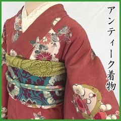 ck40 銘仙 アンティーク 緑にピンクの花柄 新着!！ ＊*