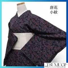未着用　小紋　唐花模様　唐草　小花　黒地　ブラック　着物　013a d