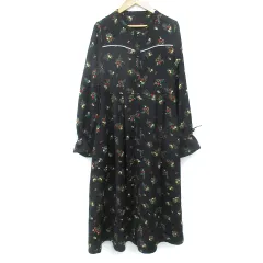 オリーブデオリーブ OLIVE des OLIVE シャツワンピース フレアワンピース ロング丈 長袖 フレアスリーブ バンドカラー 切替 リボン 花柄 マルチカラー F 黒 黄色 ブラック イエロー /FF33