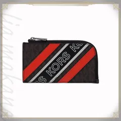 【中古】MICHAEL KORS マイケルコース HUDSON Lジップ ウォレット ブラウン ブラック 黒 ホワイト 朱色 フラグメントケース カードケース コインケース ミニ財布 コンパクト財布 コーテッドキャンバス シルバー金具 39F1LHDE6R