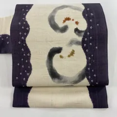 【美品】 名古屋帯 秀品 紬地 花 幾何学模様 クリーム 正絹 【中古】