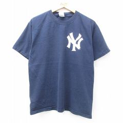 L/古着 半袖 ビンテージ Tシャツ メンズ 00s MLB ニューヨークヤンキース コットン クルーネック 紺 ネイビー メジャーリーグ ベースボール