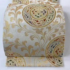 【美品】 袋帯 秀品 丸文 唐草 金糸 箔 クリーム 六通 正絹 【中古】