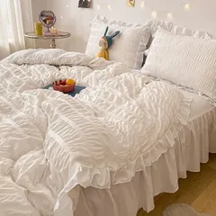 【数量限定】布団カバー 3点セット 4点セット フリル付き布団カバー 寝具カバー 洋式・和式兼用 ベッドカバー 掛け布団カバー ボックスシーツ 枕カバー シーツカバー 肌に優しい ピーチスキン加工 北欧風 四季通用 (シアサッカーホワイト 3点セット*シング