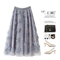 チュールスカート ロング レディース 刺繍 立体花柄 フレアスカート チュール マキシスカート ロングスカート フレア Aライン フレアスカート ボリューム ハイウエスト ウエストゴム 上品 きれいめ おしゃれ qingy000