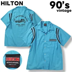 【希少】 90sヴィンテージ USA製 ヒルトン HILTON 半袖 THE RIVER BANK バックプリント ボーリングシャツ 開襟 オープンカラー アメカジ ストリート L ターコイズブルー メンズ
