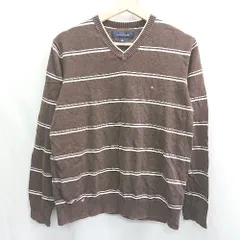 ◇ ⊇ TOMMY HILFIGER ボーダー柄 Vネック 長袖 ニット セーター サイズM ブラウン ホワイト レディース E  【1412260016483】