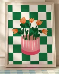 【ファブリックポスター】グリーン植物花鉢植え　布ポスター　レトロ　花