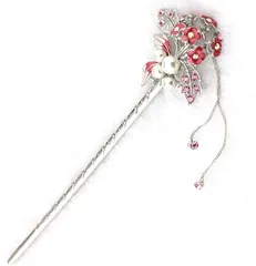 Miaomyao ミャオミャオ 簪 かんざし 一本 髪飾り 和装 留袖 着物 金属 パール ビジュー 花 フラワー 花束 ブーケ ヘアアクセサリー シルバー(ピンク,  ワンサイズ)