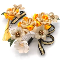 髪飾り ２点セット 黄色 金 つまみ細工 梅  成人式 花 和風 浴衣 着物 振袖 袴 ドレス 七五三 子供 結婚式 卒業式 入学式 ヘアコーム ヘアアクセサリー 髪留め 大きめ 日本製 送料無料 イエロー W 78 324-220 u954　Si