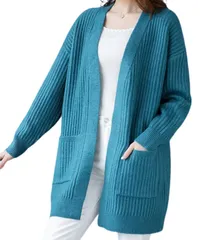[Elixio] [エリクシオ] カーディガン ロングカーディガン ニット あったか 羽織り レディース ロング トップス モコモコ 厚手 Vネック 秋冬 冬 ミドル丈 リブ編み 体型カバー (JP, アルファベット, L, ターコイズ [ターコイズ] [L]