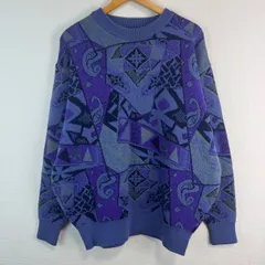 90s ニット セーター 総柄 幾何学模様 古着 メンズ パープル  マルチカラー カジュアル オーバーサイズ ゆるダボ　ストリート
