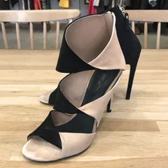 良品】ルイヴィトン オープントゥヒール ブーティパンプス スウェード ピンクベージュ ブラック #38 約24.5cm 12531