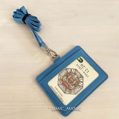 【横型】パスケース・カードケース ネックストラップ付 IC/IDカード 定期入れ クリア窓 社員証 シアン 水色