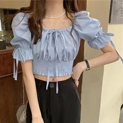 スクエアカラーフレンチ鎖骨シャツレディースパフスリーブシャツショート