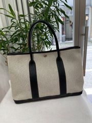 【美品】HERMES エルメス ガーデンパーティ 36 PM ボルデュック トワルアッシュ×ブッフル グレー シルバー金具 リボン柄 2006年限定 中古 ハンドバッグ トートバッグ レディース 女性用 本革 レザー ブラック ブランド 黒 レア バック