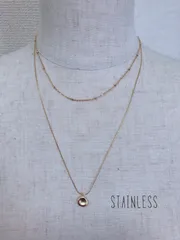 2連ネックレス　サージカルステンレス　ゴールドビーズショート＋スエッジマットゴールドだ円2連